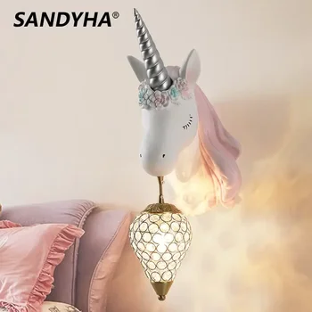 SANDYHA В Скандинавски Стил Led монтиран на стената Лампа Unicorn Crystal Light за Детска Стая Нощни Начало Декор Лампара Pared Апликация Murale