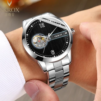 2023 Нов SKROX Известната марка Автентични выдалбливаемые автоматично Сребристи Чисто Механични часовници, Водоустойчиви мъжки часовници със стоманена лента