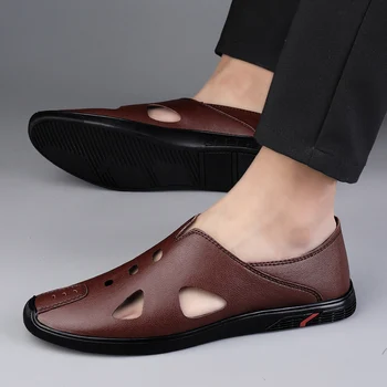 Хит на продажбите 2023 г., Мъжки сандали, летни Меки кожени Класически римски чехли на равна подметка в ретро стил, Плажни Сандали ръчно изработени със затворени пръсти