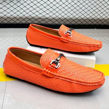 Оранжеви модерен Мъжки Лоферы, Обувки Големи Размери 48, Удобни Обувки На Равна подметка, Мъжки Обувки За Шофиране, Кожена Ежедневни Обувки за Мъже, Мокасини
