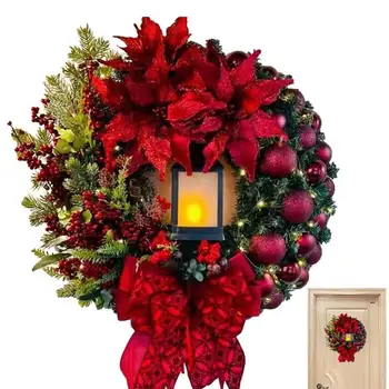 Безжична Изкуствен Коледен венец, Безжичен led венец от изкуствени цветя сезонни украса, Коледна украса отпред