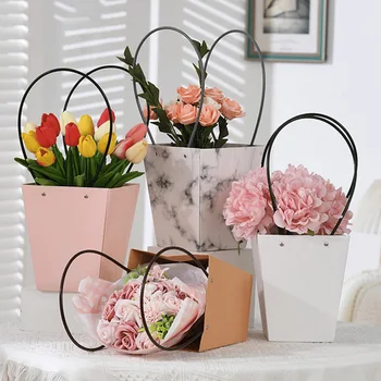 Преносима кутия за цветя от водоустойчива хартия, удобен подаръчен пакет, крафт чанта, опаковки за подаръци за сватба, парти с рози, за конфетного торта за рожден ден