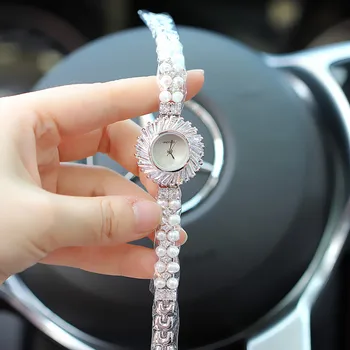 Луксозни дамски часовник с диаманти и перлата на каишка, кварцов механизъм водоустойчив часовник с циферблат във формата на миди, подарък за жена си Relogios Feminino