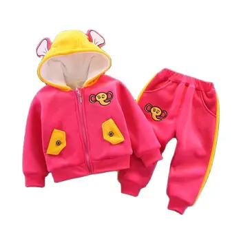 Комплекти дрехи за малките момичета и момчета, есен-зима, плюс бархатное палто с качулка във формата на слон, панталони, 2 броя, ежедневни облекла за бебета, детски спортен костюм