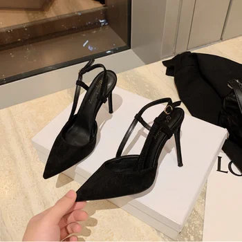 2023 Нови Летни Дамски сандали от дребни велур на тънък ток на Корейското издание на Baotou Back Air, Чубрица обувки на висок ток с остър пръсти за нощен клуб