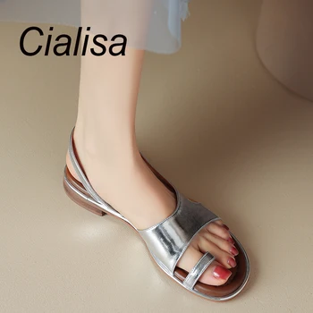 Cialisa / Нови дамски сандали 2023, Летен Моден дизайн, цвят: Златист, Сребрист, Обувки от естествена кожа, ръчна изработка, Удобни сандали на равна подметка, Дама, 40 г.