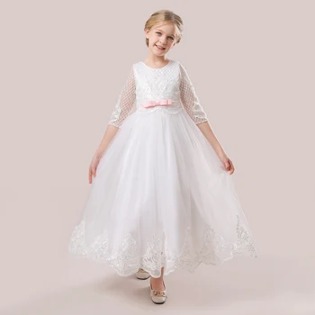 Тийнейджърката бели дантелени рокли на шаферките с къс ръкав, Детски костюм за Първо причастие, облекло за сватбеното парти за момичета, рокля на принцеса за бала
