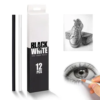 12Шт Бели и Черни, Цветни Моливи Професионален Маслен Цветен Молив За Рисуване с Молив Комплект Ученически Пособия За Рисуване