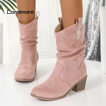 Comemore 2023, Есенни дамски обувки в западен стил от изкуствена кожа на дебелите обувки с остри пръсти, плисе розови ботуши до средата на прасците за жени Botas